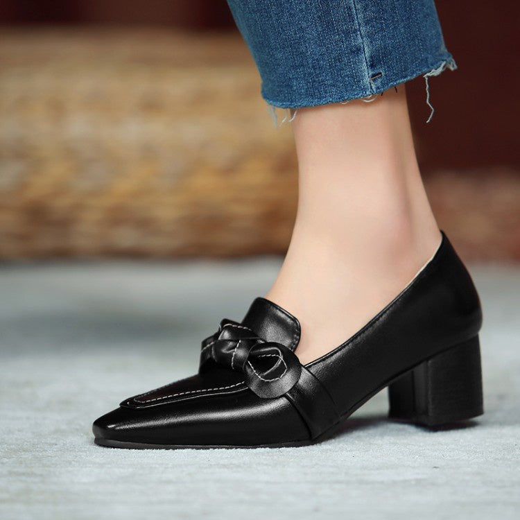 Women Bowtie Chunky High Heel Shoes