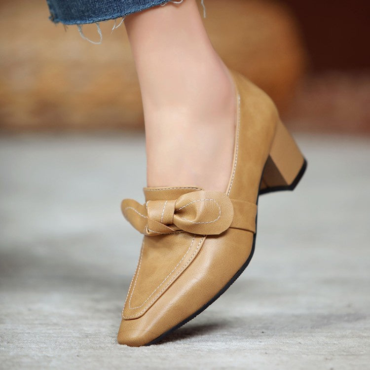 Women Bowtie Chunky High Heel Shoes