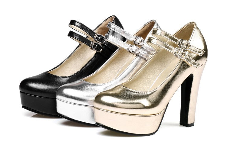 Women Buckle High Heel Platform Pumps