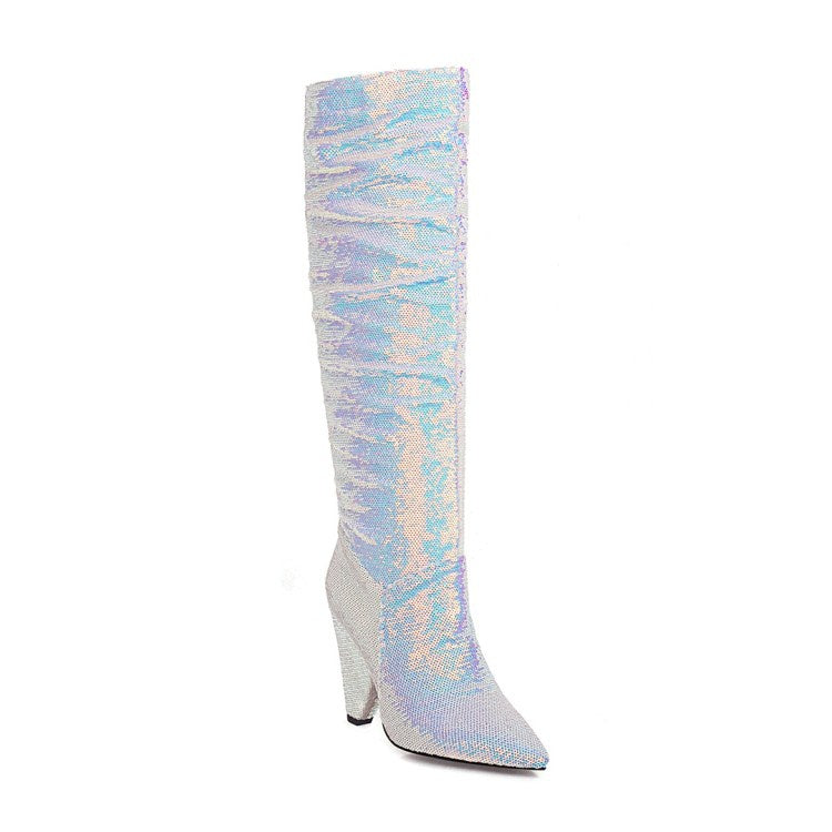 Women Sequined High Heel Knee High Boots