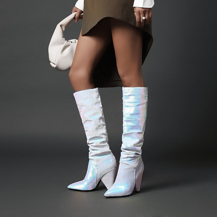 Women Sequined High Heel Knee High Boots