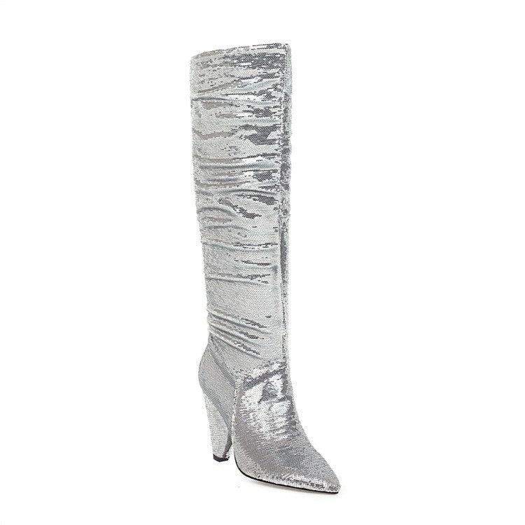 Women Sequined High Heel Knee High Boots