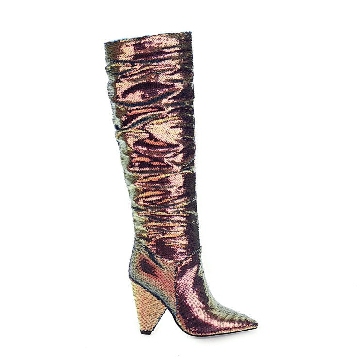 Women Sequined High Heel Knee High Boots