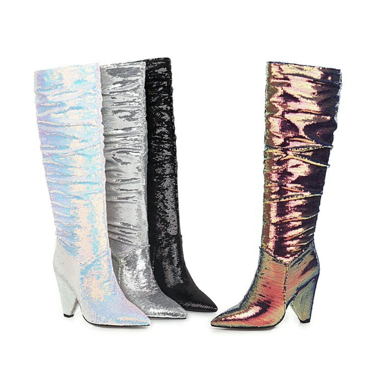 Women Sequined High Heel Knee High Boots