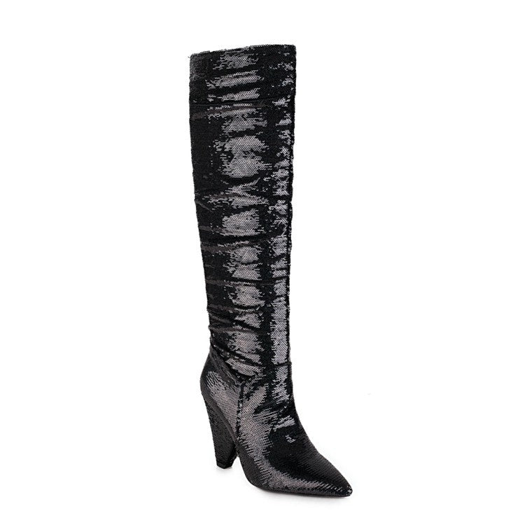 Women Sequined High Heel Knee High Boots