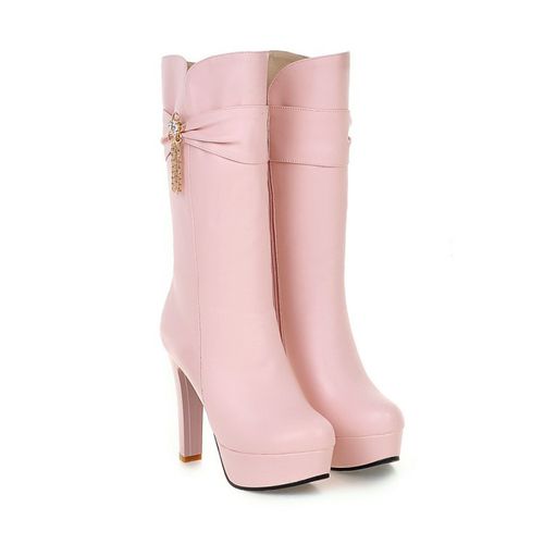 Women Rhinestone Flower High Heels Platform Mid Calf Boots