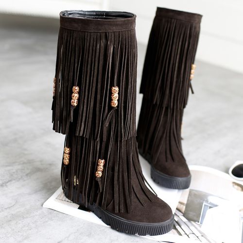 Women Tassel Platform Wedges Mid Calf Boots