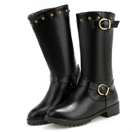 Women Rivets Buckle Belt Mid Calf Boots