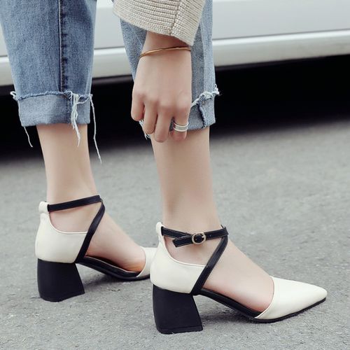 Women Pointed Toe Buckle High Heel Chunky Sandals