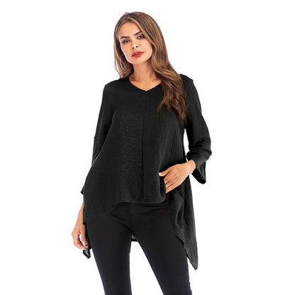 V-neck Irregular Half Sleeve Loose Casual Solid Color Top Women T Shirts