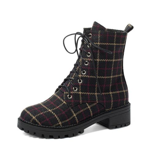 Women Lace Up Plaid Low Heels Short Boots