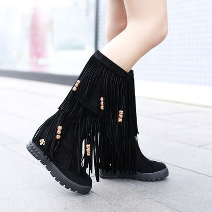 Women Tassel Platform Wedges Mid Calf Boots