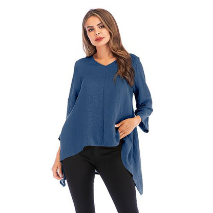 V-neck Irregular Half Sleeve Loose Casual Solid Color Top Women T Shirts