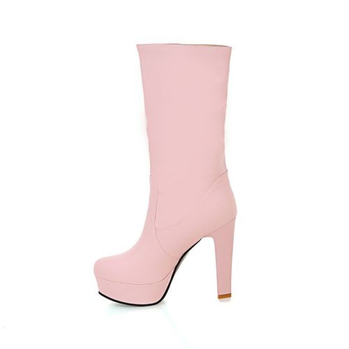 Women Bow Tie High Heels Platform Mid Calf Boots