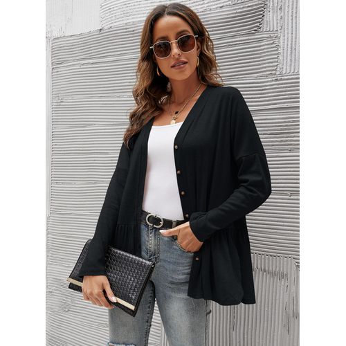 Women Mid-length Single-breasted Buttoned Long-sleeved Cardigan Irregular Hem Tops