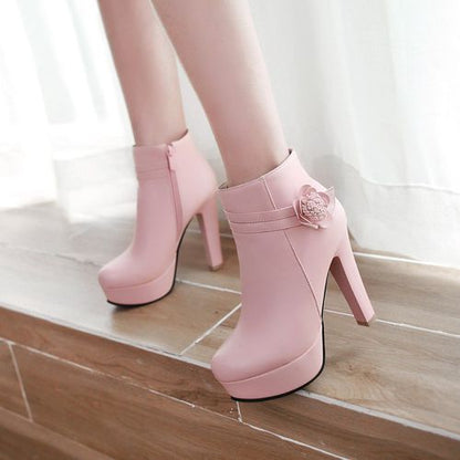 Women's Flower High Heels Platform Short Boots