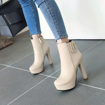 Women's Buckle Zipper High Heels Platform Short Boots