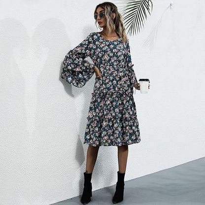 Women Chiffon Floral Round Neck Long Sleeved Dress