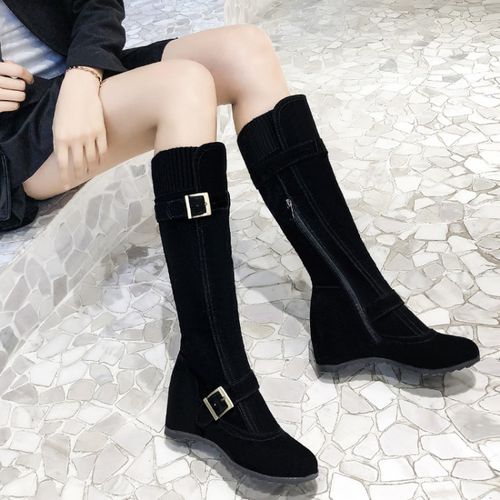 Women Buckle Wedge Heels Knee High Boots