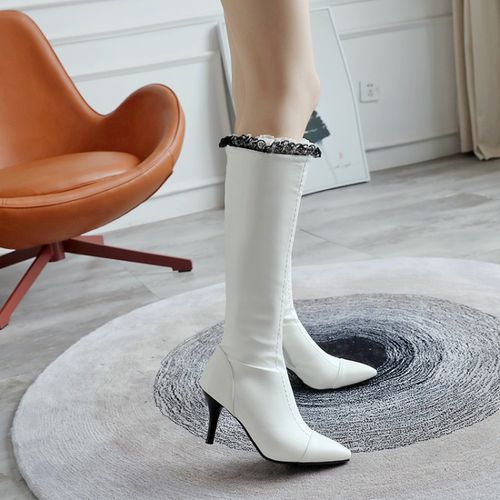 Women Pointed Toe Lace High Heel Tall Boots