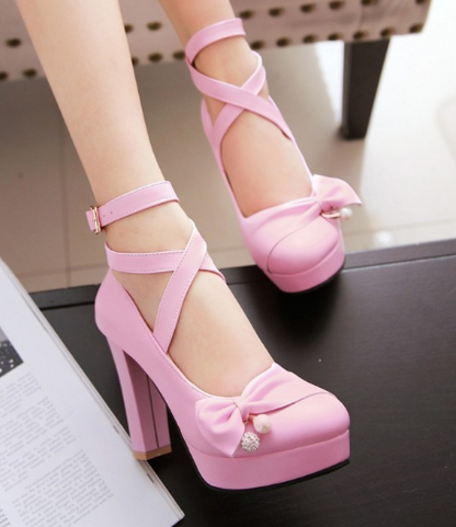 Bow and Cross Strap Women Pumps High Heels Dress Shoes 4408