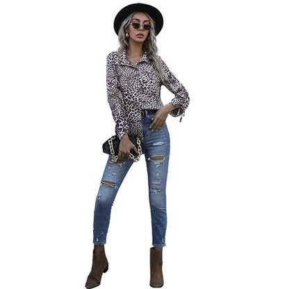 Womens Leopard Print Shirt Long Sleeved Single-breasted Blouse