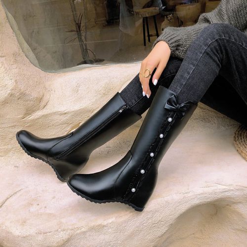 Women Bowtie Wedges Knee High Boots