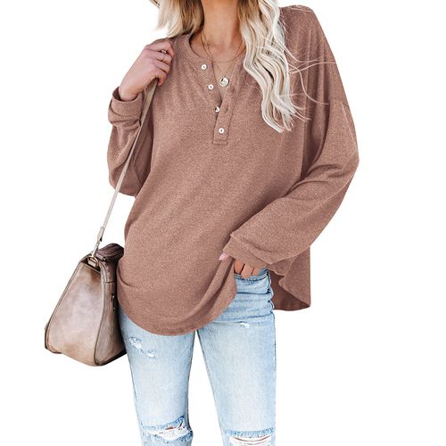 Women Solid Color Half-open Buckle V-neck Long Sleeved T-shirt