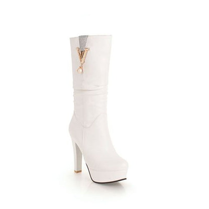 Women Pearl High Heels Platform Mid Calf Boots