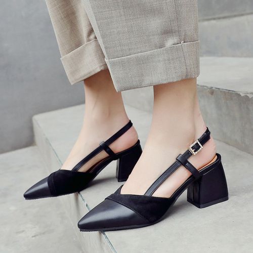 Women Pointed Toe Slingbacks Buckle High Heel Chunky Sandals