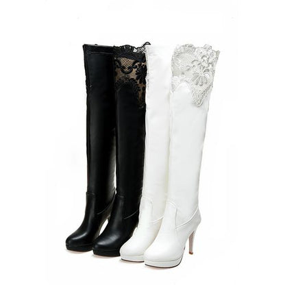 Women Lace High Heels Platform Knee High Boots