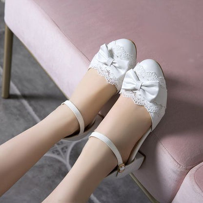 Women's Lace Bow Tie Mary Jane Mid Heels Sandals