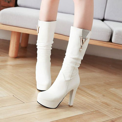 Women Pearl High Heels Platform Mid Calf Boots