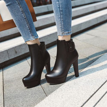 Women's Buckle Zipper High Heels Platform Short Boots