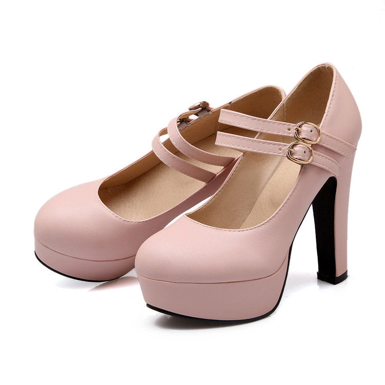 High Heel Buckle Platform Pumps