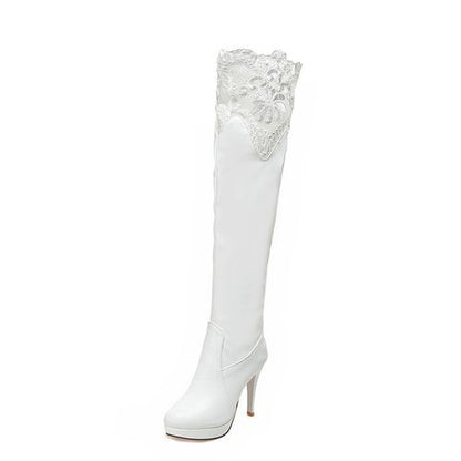 Women Lace High Heels Platform Knee High Boots