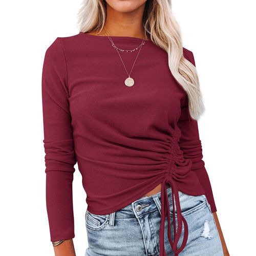 Womens Drawstring Solid Color Long Sleeve Sweater