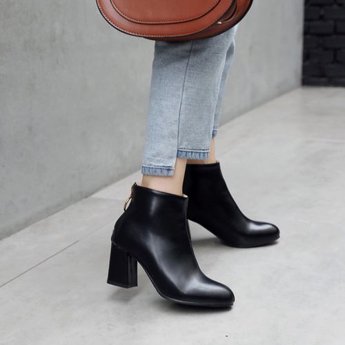 Round Toe Pu Leather Women's High Heeled Ankle Boots