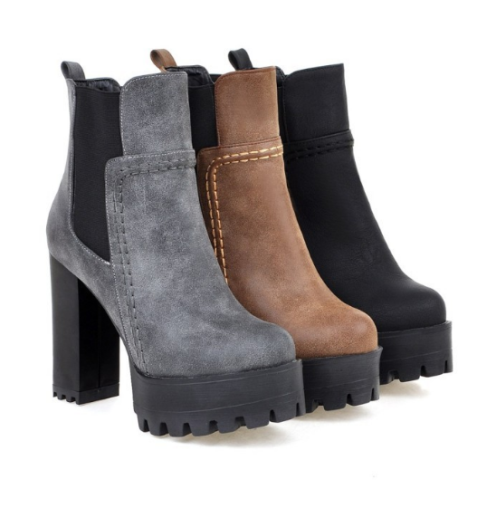 Faux Leather High Heels Women Short Boots Chunky Heel