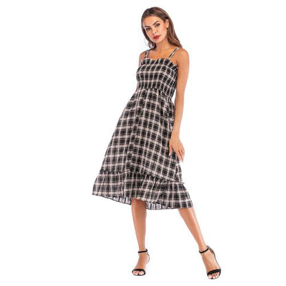 Causual Plaid High Waist Lotus Leaf Side Sling Skirt Women Dresses