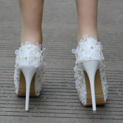 Women Round Toe Lace Embroidery Rhinestone Bridal Stiletto Heel Platform Pumps Wedding Shoes