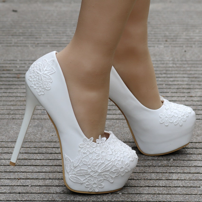 Women Almond Toe Platform Pumps Lace Bridal Stiletto Heel Wedding Shoes