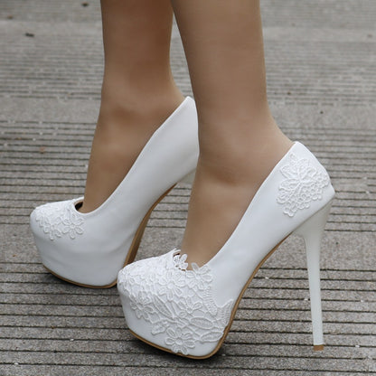 Women Almond Toe Platform Pumps Lace Bridal Stiletto Heel Wedding Shoes