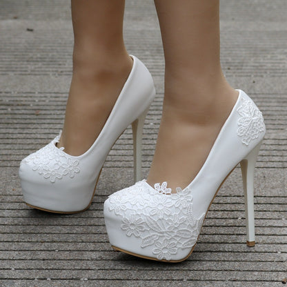 Women Almond Toe Platform Pumps Lace Bridal Stiletto Heel Wedding Shoes