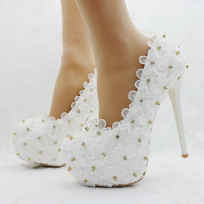 Women Round Toe Lace Embroidery Rhinestone Bridal Stiletto Heel Platform Pumps Wedding Shoes