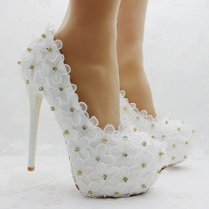 Women Round Toe Lace Embroidery Rhinestone Bridal Stiletto Heel Platform Pumps Wedding Shoes