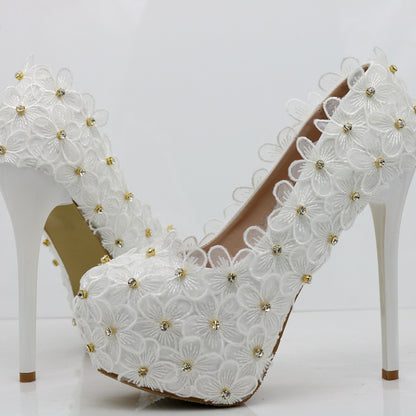 Women Round Toe Lace Embroidery Rhinestone Bridal Stiletto Heel Platform Pumps Wedding Shoes