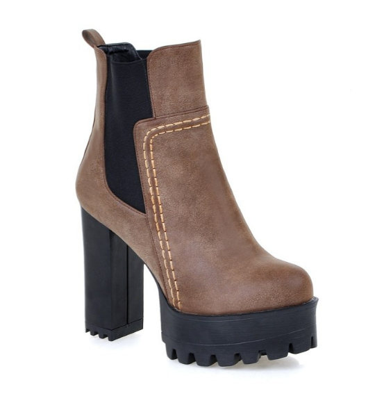 Faux Leather High Heels Women Short Boots Chunky Heel