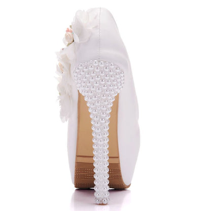 Women Almond Toe Pearls Flora Stiletto Heel Platform Pumps Bridal Wedding Shoes