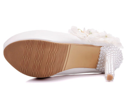 Women Almond Toe Pearls Flora Stiletto Heel Platform Pumps Bridal Wedding Shoes